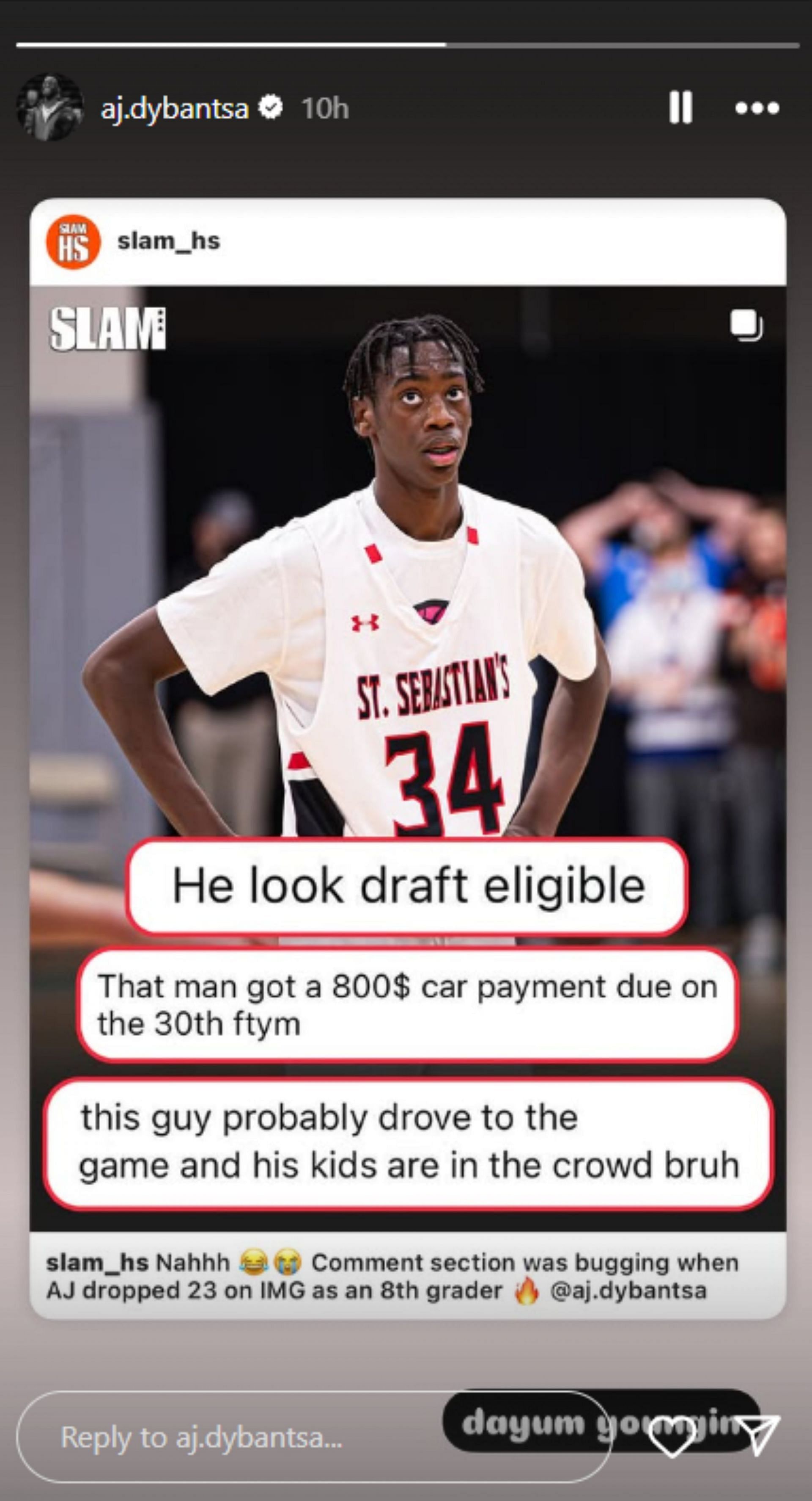 $3.8 million NIL-valued AJ Dybantsa reacts as hilarious comments on his eighth-grade highlights resurface (Image via Instagram @aj.dybantsa)